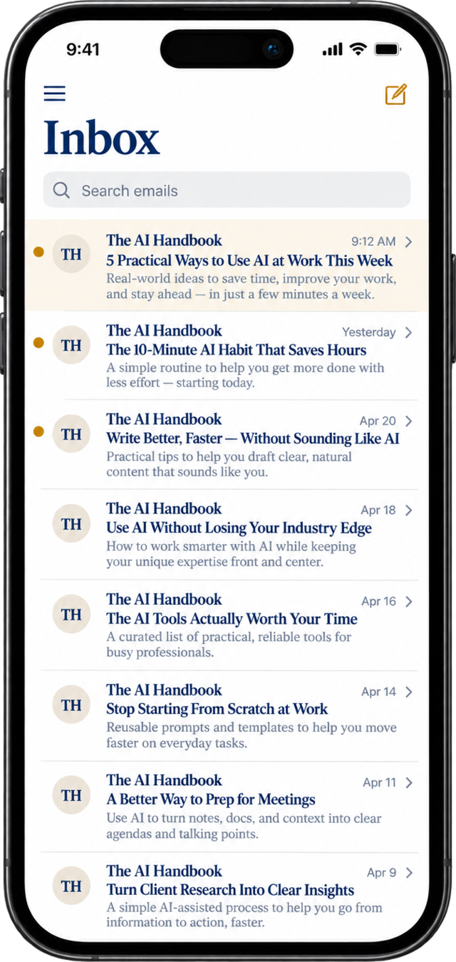 The AI Handbook in an email inbox on a phone